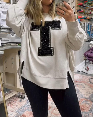 Sweatshirt T-Design Pailletten Bestickt Rundhals