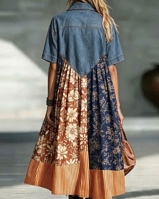 Kleid Hemdkragen Blumig Kontrast Denim Patchwork