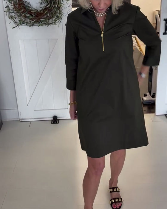 Kleid Halbzip Revers Dreiviertelärmel