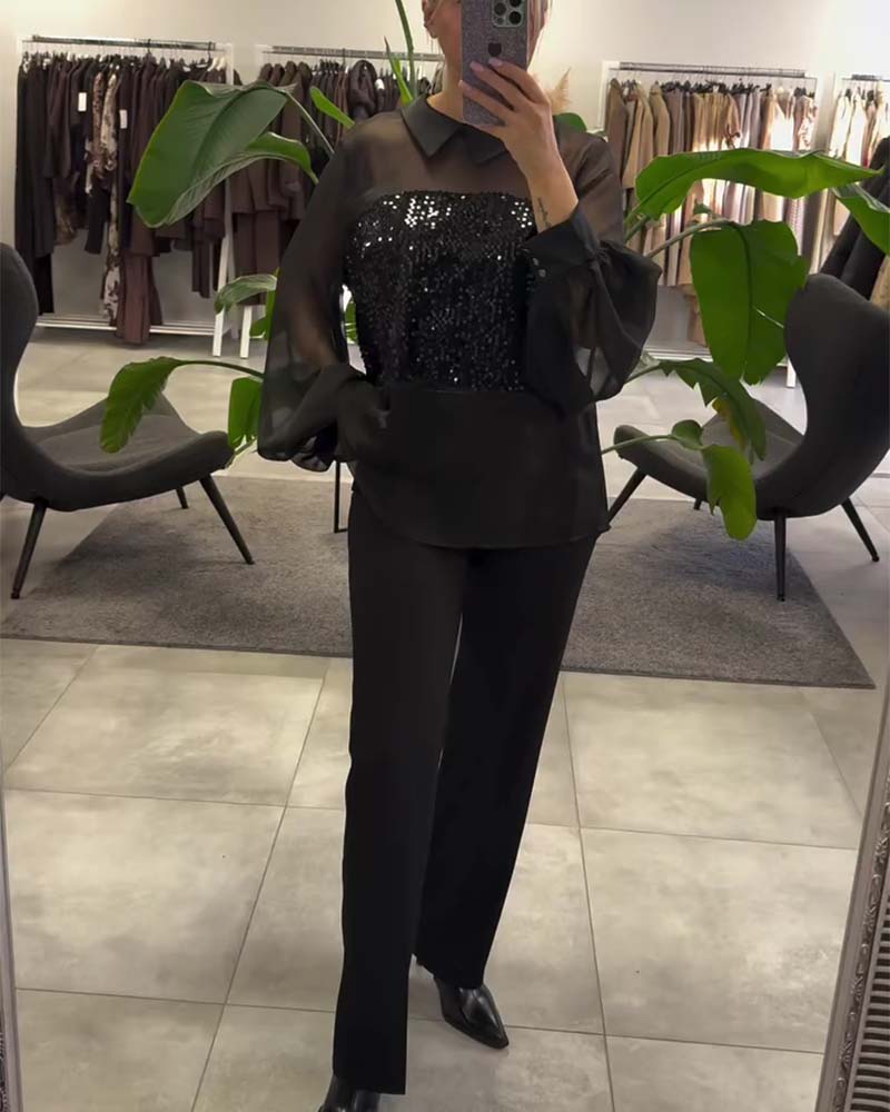 Bluse Uni-Farbe Puffärmel Kragen