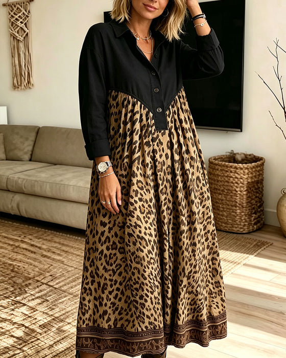 Kleid Hemdkragen Knopfleiste Leopardenmuster Tasche