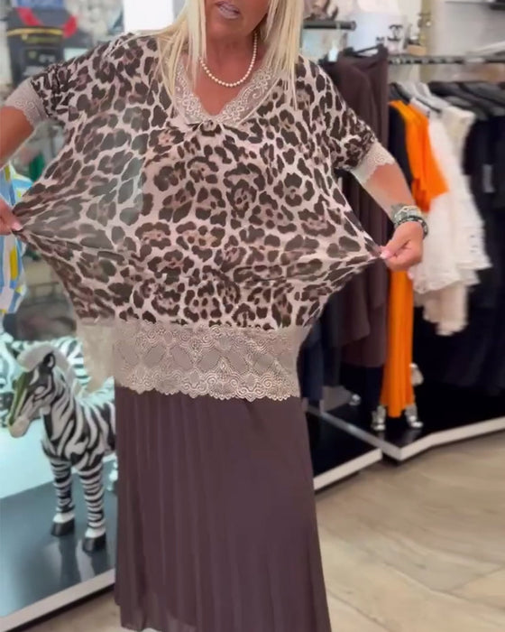 Bluse V-Ausschnitt Leopardenmuster Spitzen-Einsätze