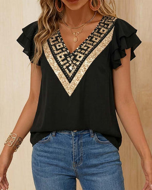 Bluse Lotusblatt-Druck V-Ausschnitt Kontrast