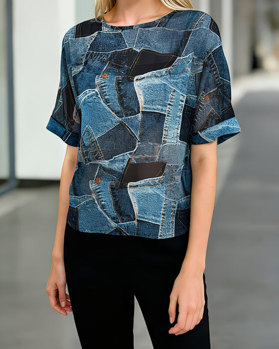 Oberteil Denim-Ähnlich Patchworkprint Rundhalsausschnitt Loose Fit