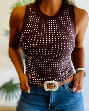 Tanktop Einfarbig Gerippt Strass Eng Anliegend