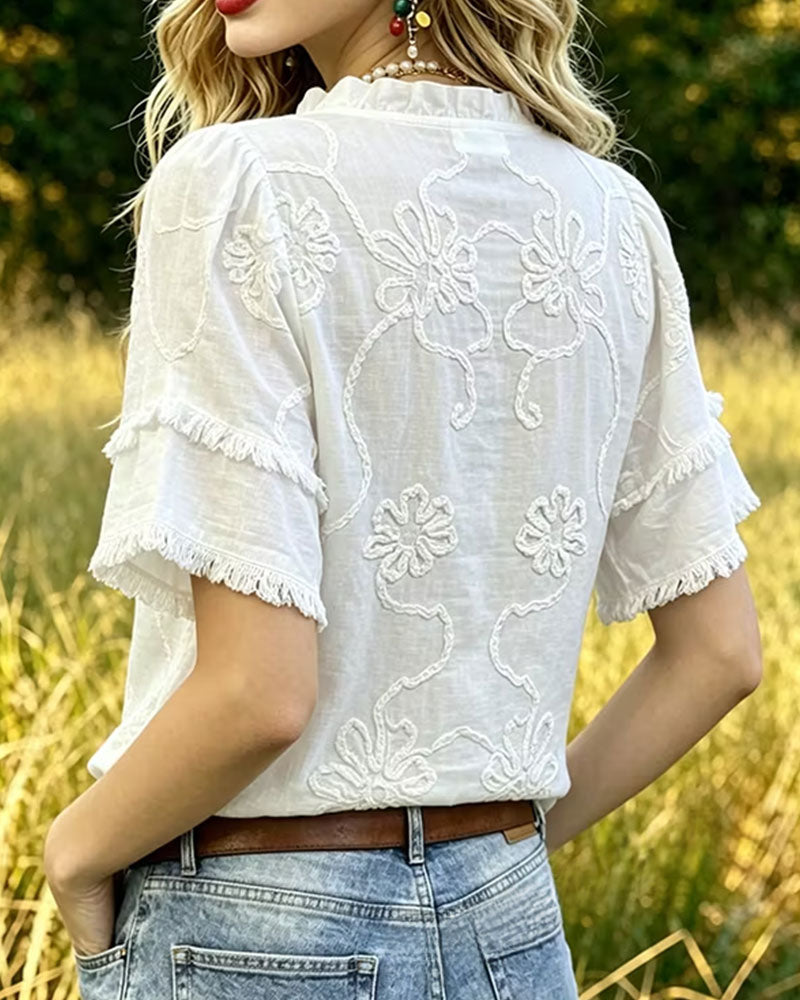 Bluse Fransensaum Puffärmel