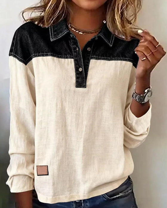 Bluse lässig Revers Denim Patchwork