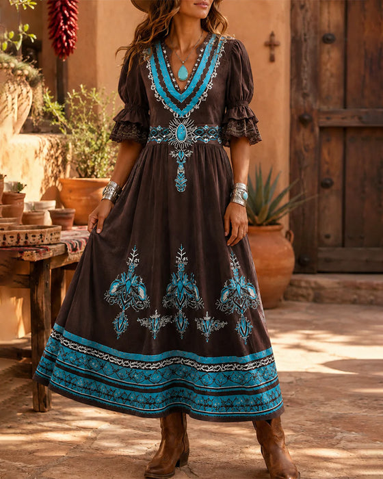 Kleid Bohème Ethnischer Druck Maxi