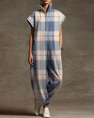 Overall Karo Stehkragen Reißverschluss Locker