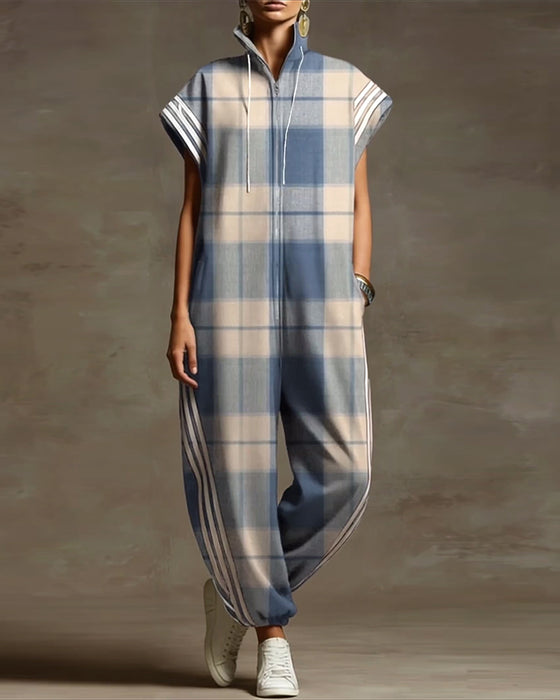 Overall Karo Stehkragen Reißverschluss Locker