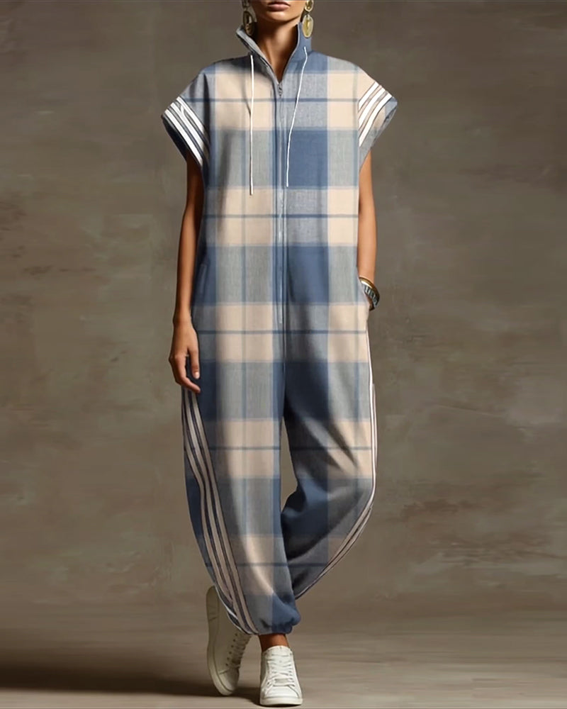 Overall Karo Stehkragen Reißverschluss Locker