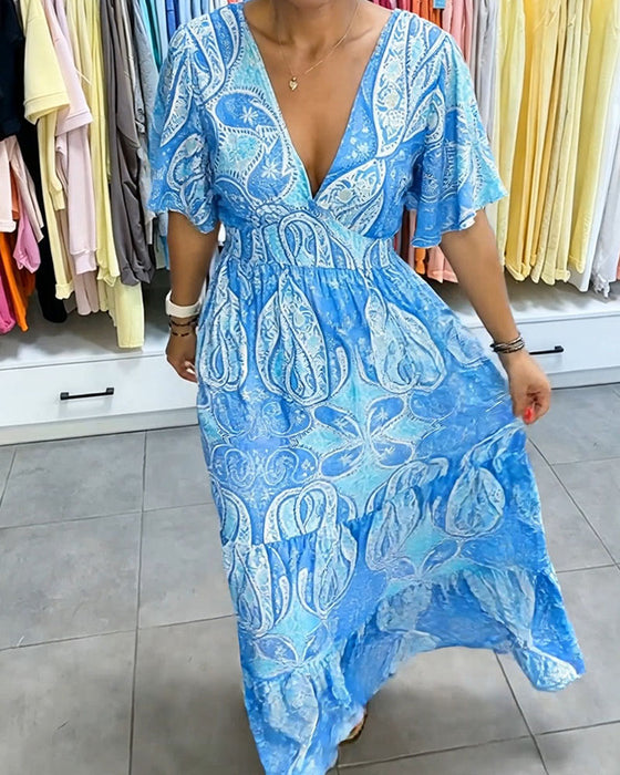Kleid V-Ausschnitt Rüsche Druck