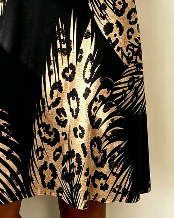 Kleid Leopardenmuster Farbblock Wasserfallkragen