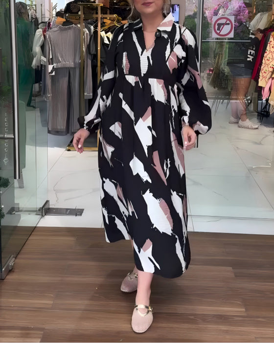 Kleid V-Ausschnitt bedruckt langärmlig