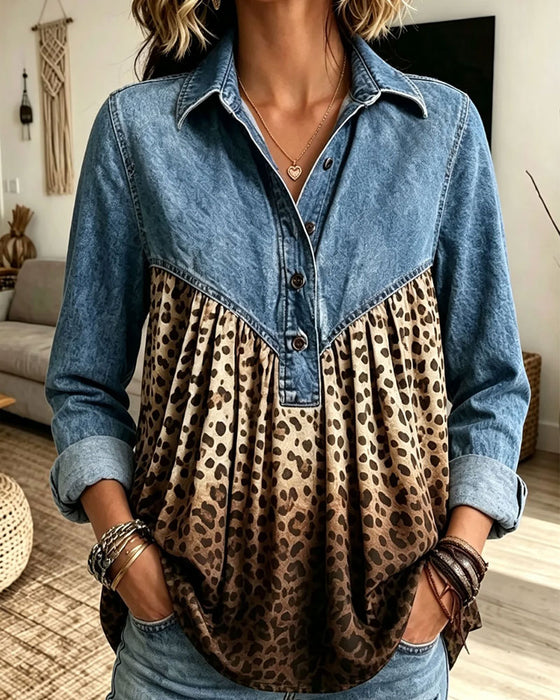 Oberteil Denim Leopardenmuster Patchwork Kragen