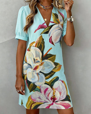 Kleid Großes Blumenmuster V-Ausschnitt