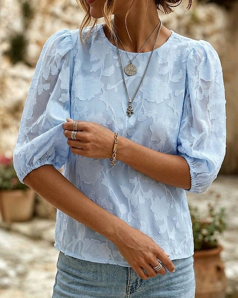 Rundhals-Bluse Mit Puffärmeln