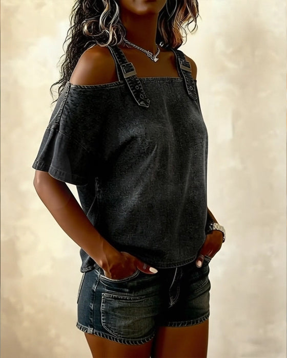 Bluse Off-Shoulder Mit Schulterriemen Denim