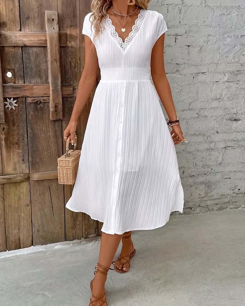 Kleid V-Ausschnitt Knopf Schlitz