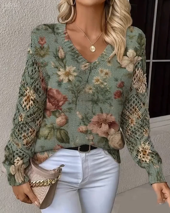 Pullover Jacquard V-Ausschnitt Durchbrochen Langärmelig