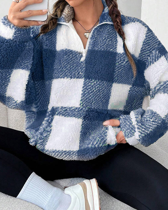 Sweatshirt Halb-Zip Stehkragen Karomuster
