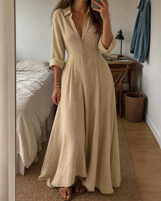 Kleid Hemdkragen Weiter Rock Figurbetonte Taille