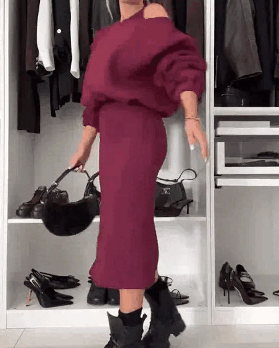 Damen-Set mit schräger Schulter-Sweatshirt und ärmellosem Kleid