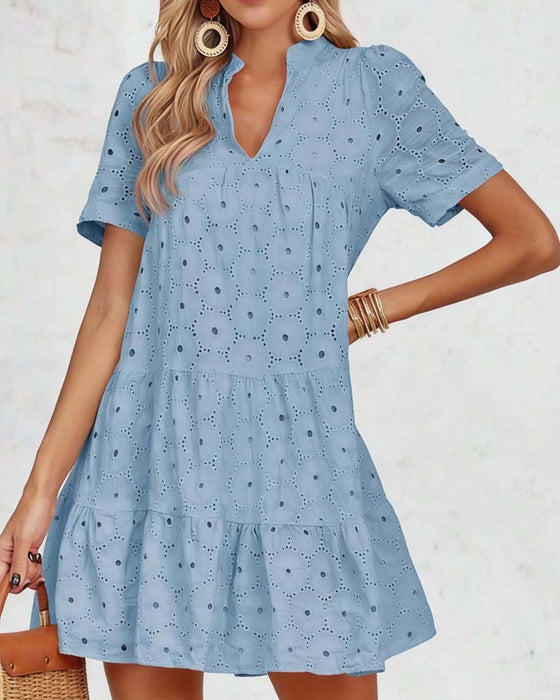 Kleid Durchbrochen V-Ausschnitt Kurzarm