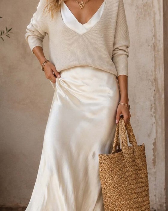Zweiteiliges Set V-Ausschnitt Langarm Pullover Einfarbig Slipkleid