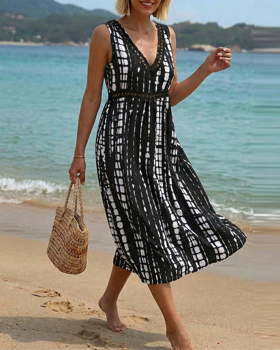 Kleid V-Ausschnitt Ärmellos Abstrakter Print