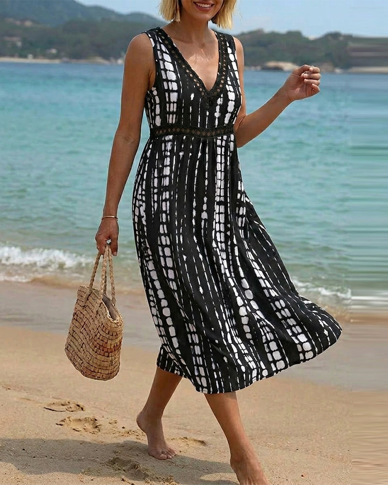 Kleid V-Ausschnitt Ärmellos Abstrakter Print
