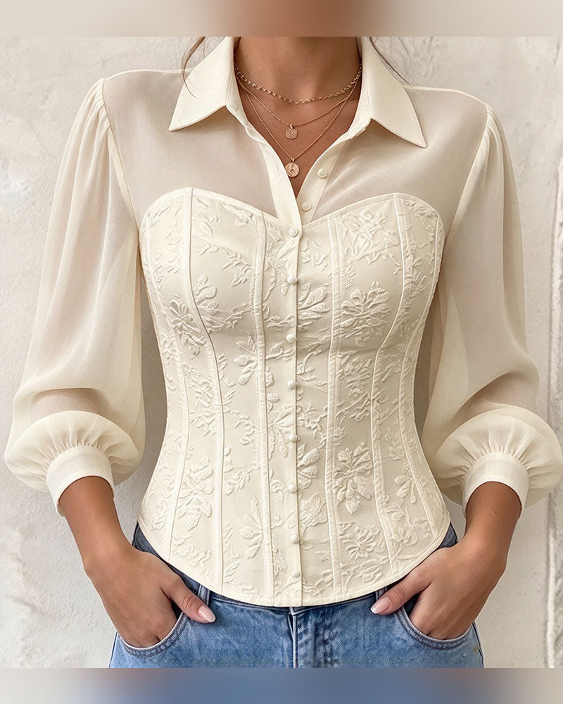 Bluse Revers Geknöpft Taille Slim Fit