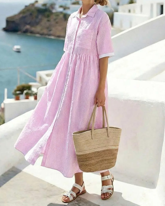Kleid Gestreiftes Hemd Tasche Maxi