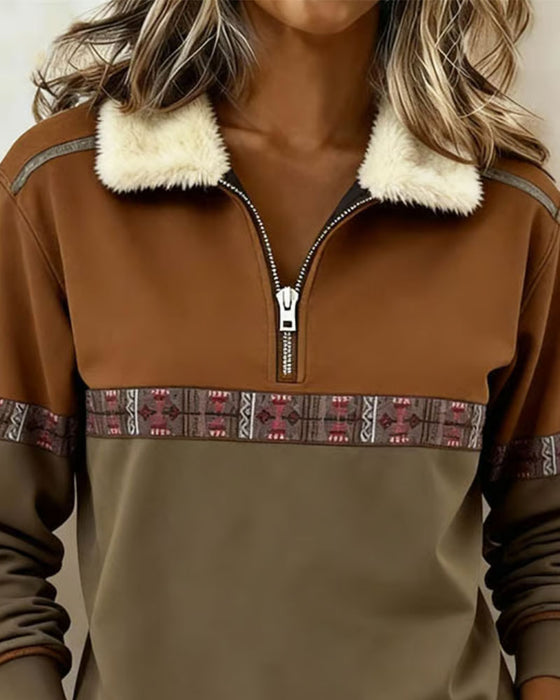 Sweatshirt Fleece Farbblock Halber Reißverschluss