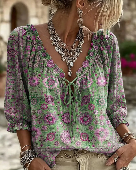 Bluse V-Ausschnitt Bindung Vintage Print