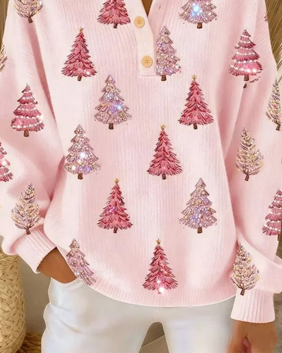 Pullover Weihnachtsbaum Druck Henley Kragen