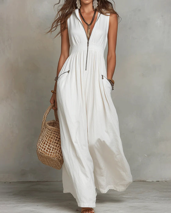 Kleid Revers Ärmellos Reißverschluss Lang