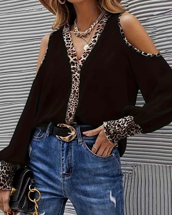Bluse Off-Shoulder Leopard Patchwork Langarm
