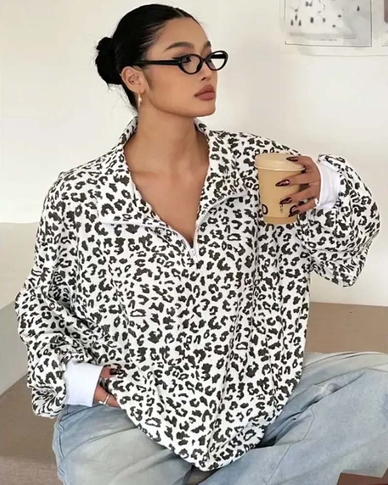 Sweatshirt Reißverschluss Leopard Lässig