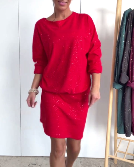 Kleid Runder Halsausschnitt Fein Glitzer Modisch