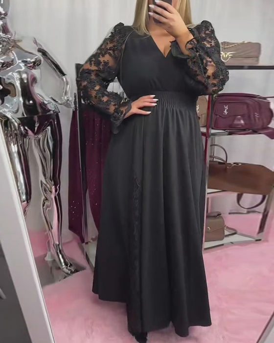 Kleid Spitze Stitching V-Ausschnitt A-Saum