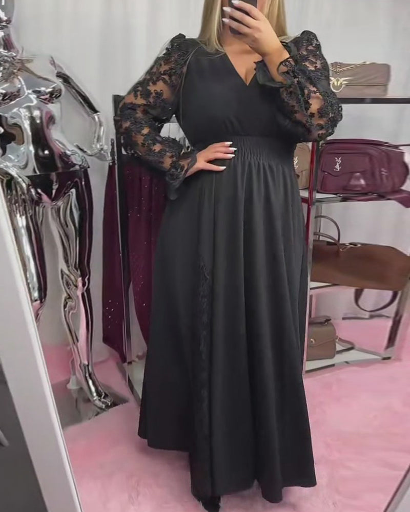 Kleid Spitze Stitching V-Ausschnitt A-Saum