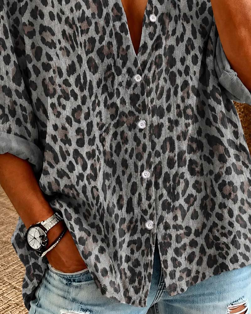 Hemd V-Ausschnitt Knopf Leopard Langarm