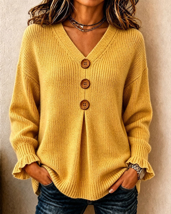 Pullover V-Ausschnitt Knopf Pullover
