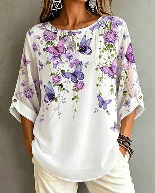 Bluse Rundhals Schmetterling Blumen