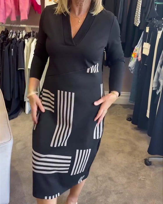 Kleid Geometrischer Streifen V-Ausschnitt Bodycon Midi