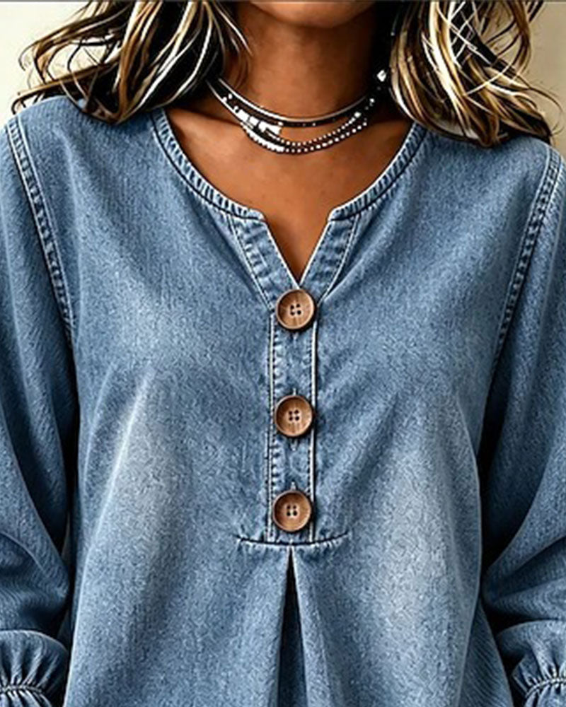 Top Denim V-Ausschnitt Knopf Rüschenärmel