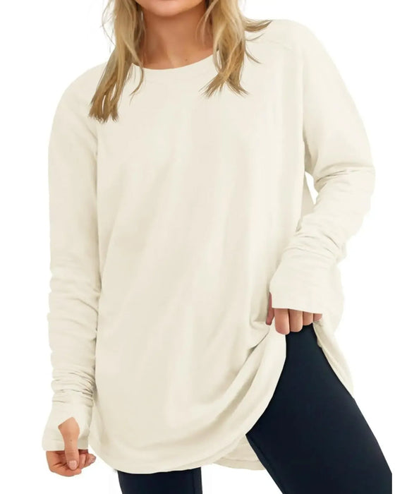 T-Shirt Rundhals Langarm Unifarben Locker