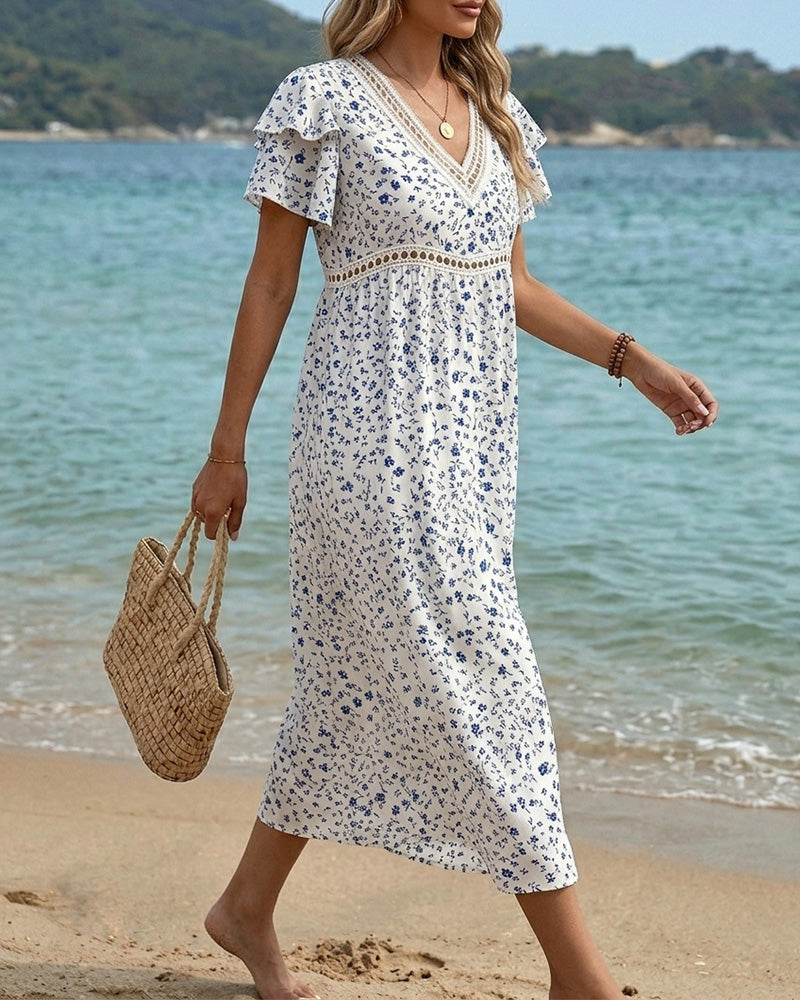 Kleid Blau Weiß Blumenprint Druck V-Ausschnitt