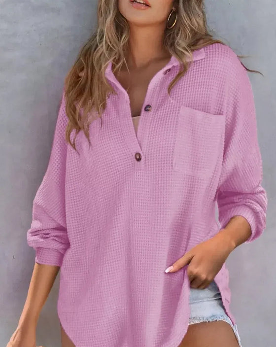 Bluse Unifarben Knopf-Leiste Locker Revers